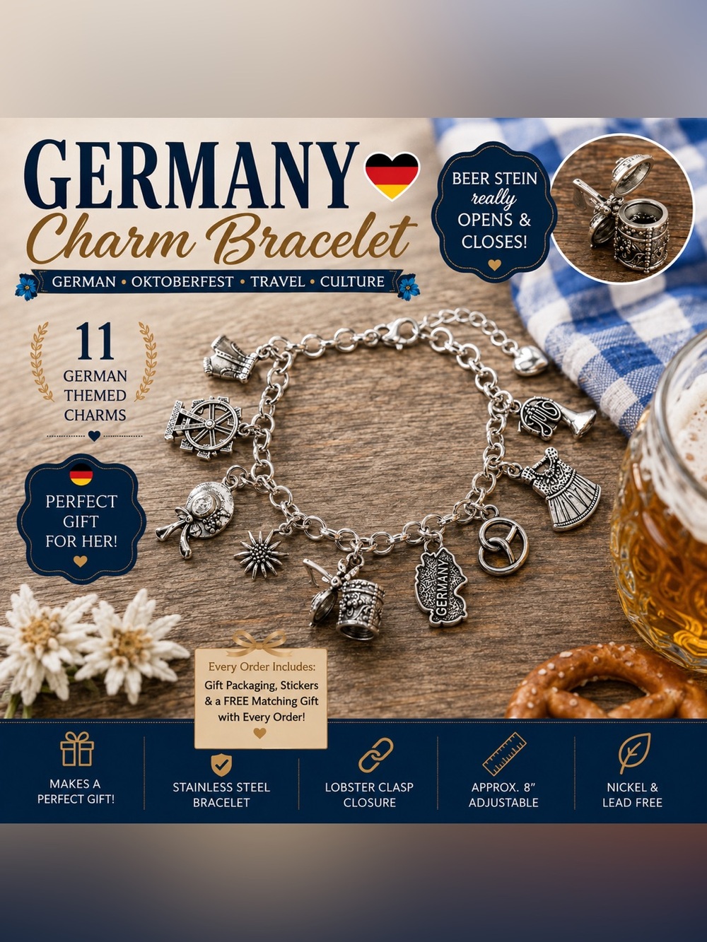 Germany Charm Bracelet, Oktoberfest Jewelry, German Gift for Her, German Themed